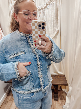 Tweed Trimmed Front Pocket Denim Jacket