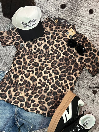 High Neck Leopard Mesh Short Sleeve Top