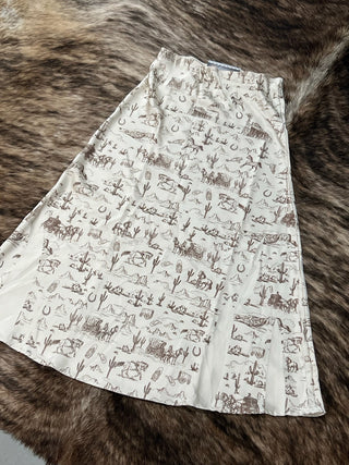 Front view of high waisted satin maxi skirt