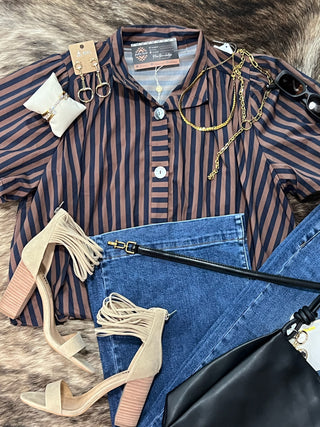 Stripe Gathered Yoke Puff Sleeve Button Down Top