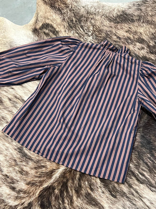 Stripe Gathered Yoke Puff Sleeve Button Down Long Sleeve