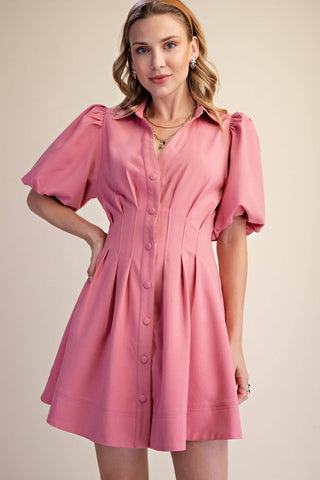 Pleated Balloon Sleeve Waist Mini Fit & Flare Dress