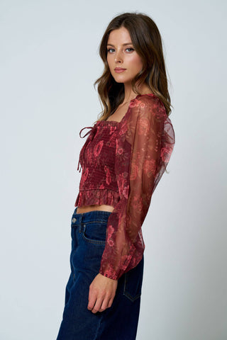 Floral Chiffon Smocked Long Sleeve Top