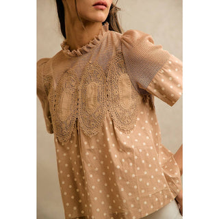 Polka Dot Print Lace Trim Short Sleeve Cotton Blouse Top