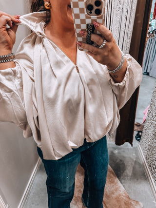 Chic Cream Pleated Bomber Jacket