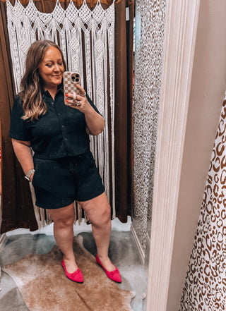 Crinkled Plisse Button Down Shorts Set