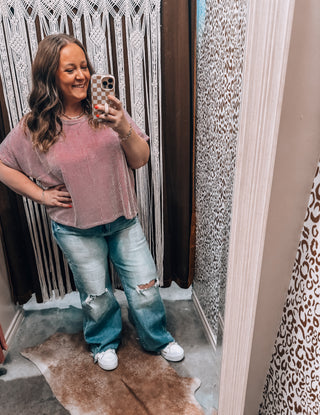 Red Ribbed Striped Oversized Short Sleeve Top