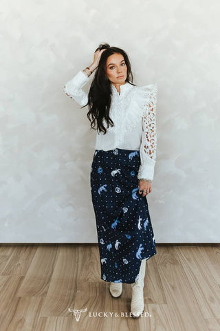Ivory crochet lace ruffle long sleeve top, additional view