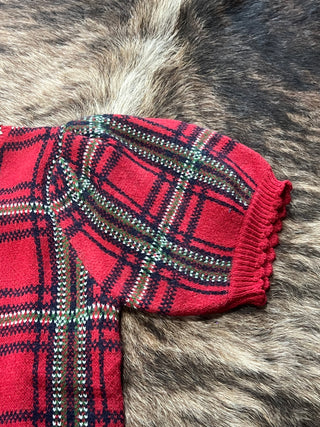 Red Plaid Rhinestone Snowflake Trim Scalloped Christmas Sweater
