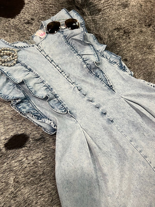 Washed Denim Ruffled Button Detail Romper