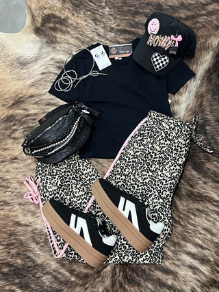Leopard Drawstring Side Stripe Pants