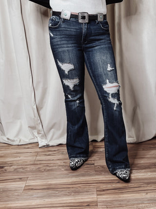 Taylor Mid Rise Dark Wash Distressed Flare
