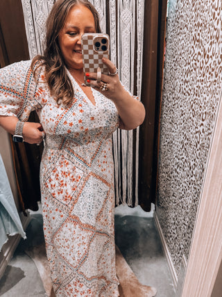 Patchwork Floral Flutter Sleeve Maxi Dress