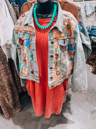 Floral Embroidery Lace Trim Tassel Denim Jacket