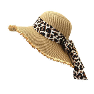 Fur Edge Leopard Ribbon Round Top Straw Hat