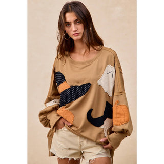 Camel Halloween patchwork sweatshirt, front view with witch hat and ghost appliqué