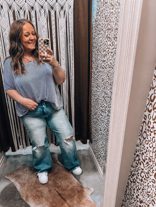 Blue Ribbed Striped Oversized Short Sleeve Top