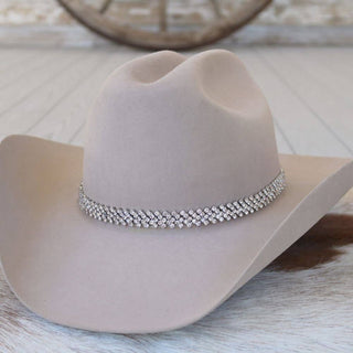 Silver rhinestone bling hat band Harlow with five rows of clear rhinestones on a cream cowboy hat, photo 1