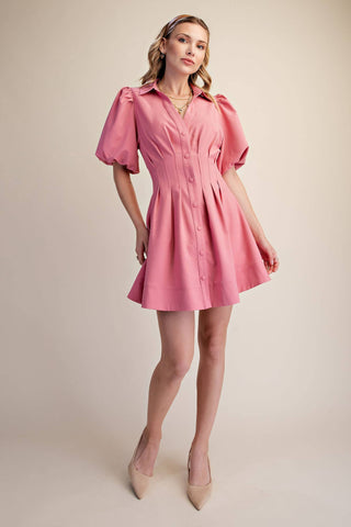 Pleated Balloon Sleeve Waist Mini Fit & Flare Dress