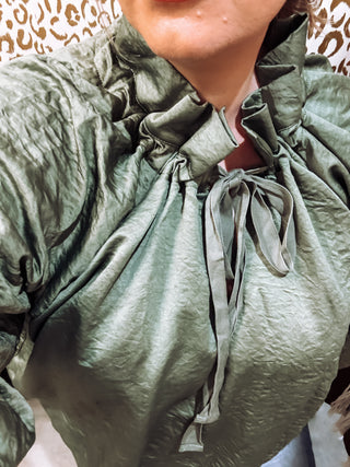 Olive Satin Look Tie Neck Balloon Sleeve Top