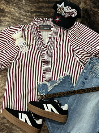 Plus Stripe Smocked V-Neck Puff Sleeve Top