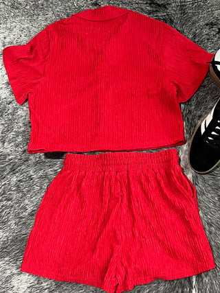 Crinkled Plisse Button Down Shorts Set