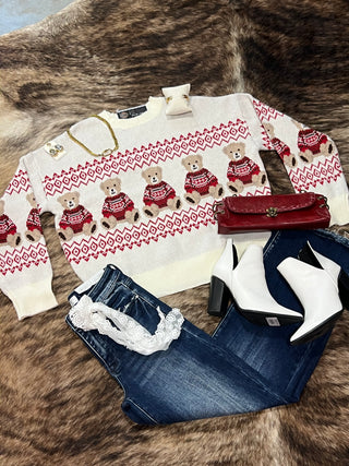 Holiday Bear Motif Crew Neck Knit Sweater