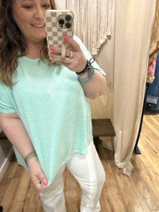 Ribbed Striped Oversized Short Sleeve Top