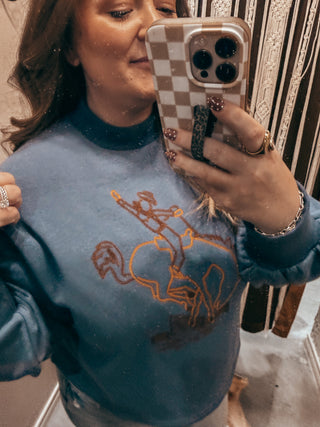 Bucking Horse Embroidered Blue Mockneck Sweater