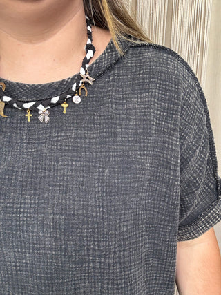 Curvy Black Acid Washed Gauze Cuffed Short Sleeve Top