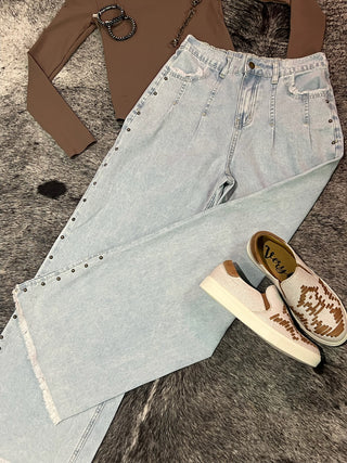 Studded Side Detail Split Leg Frayed Wide Leg Jeans