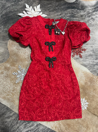 Red jacquard puff sleeve bow dress