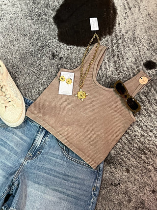 Mocha Mineral Wash Rib Tank Top