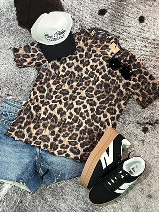 High Neck Leopard Mesh Short Sleeve Top