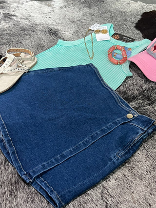 Stretch Denim Wrap Skort