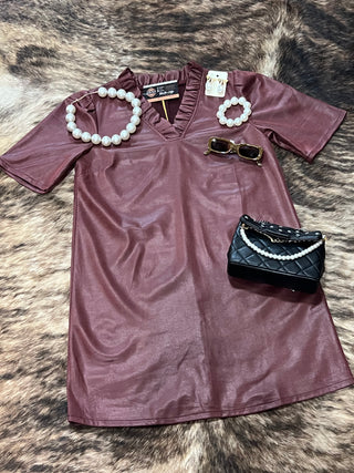 Ruffled V-Neck Faux Leather Shift Dress
