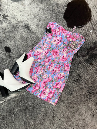 Pink Blue Floral Corset Mini Dress