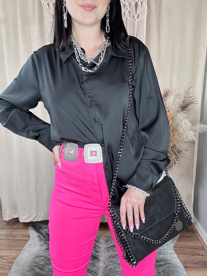 Black Kylie Satin Button Down Top