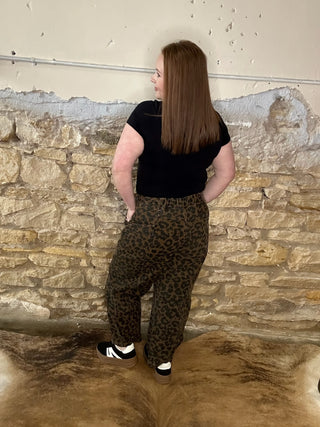 Leopard Mid Rise Wide Leg Barrel Jeans