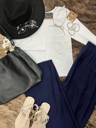 Plus Wide Leg Linen Pants - Blue Denim