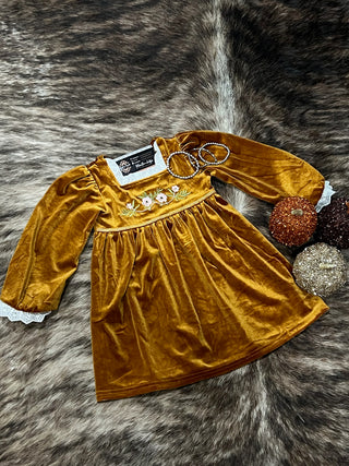 Golden Brown Faux Velvet Girls Dress with Floral Embroidery