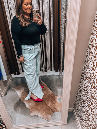 Studded Side Detail Split Leg Frayed Wide Leg Jeans