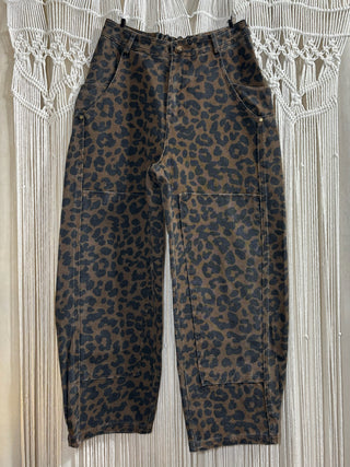 Leopard Mid Rise Wide Leg Barrel Jeans