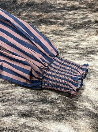 Stripe Gathered Yoke Puff Sleeve Button Down Long Sleeve
