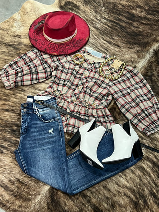 Taupe Plaid Puff Sleeve Ruffle Neck Gold Button Top