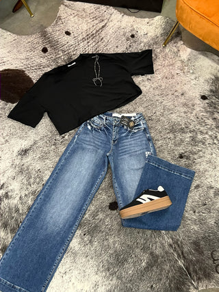 Mid Rise Stretch Trouser Wide Leg Jeans