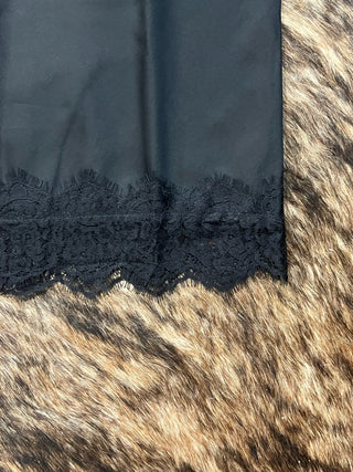 Satin Lace Hem Back Slit Pencil Midi Skirt