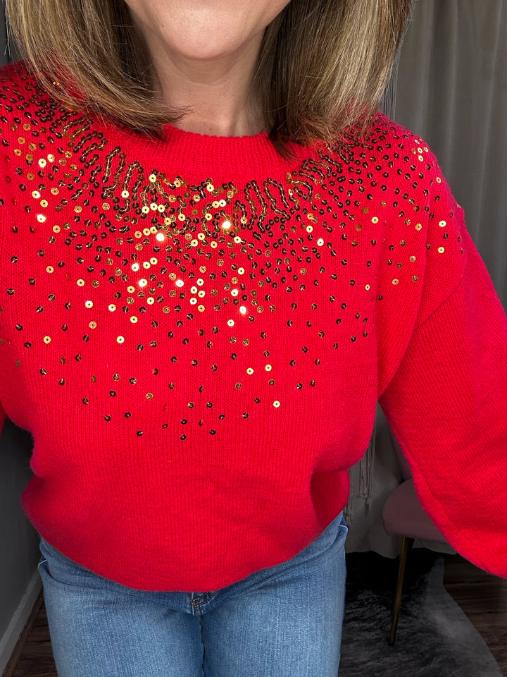 Red Bubble Sleeve Sequin Sweater