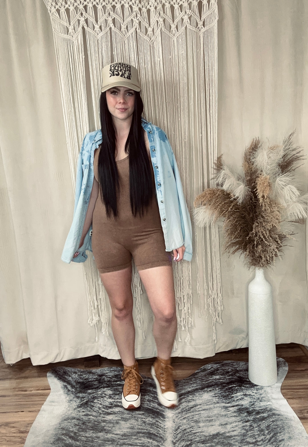 Mocha Acid Wash Ribbed Basic Romper