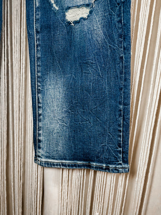 Destroyed high rise straight leg jeans